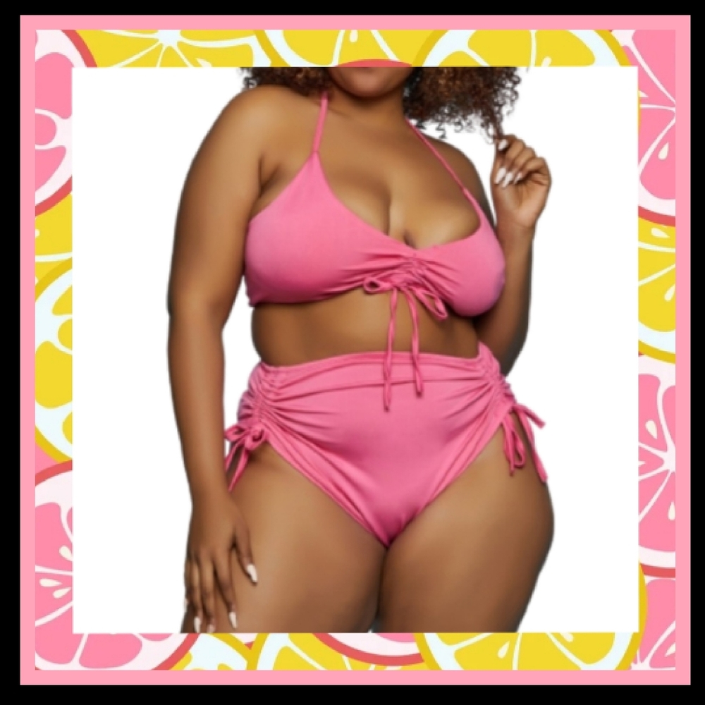 LOVE 83 ☆ PINK ☆ DRAWSTRING GATHERED ☆ HALTER BIKINI ☆ 3XL ☆ NWT